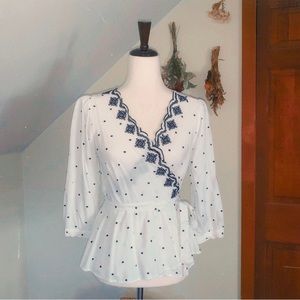'loft' White with black polka dots and embroidery wrap shirt Size: S